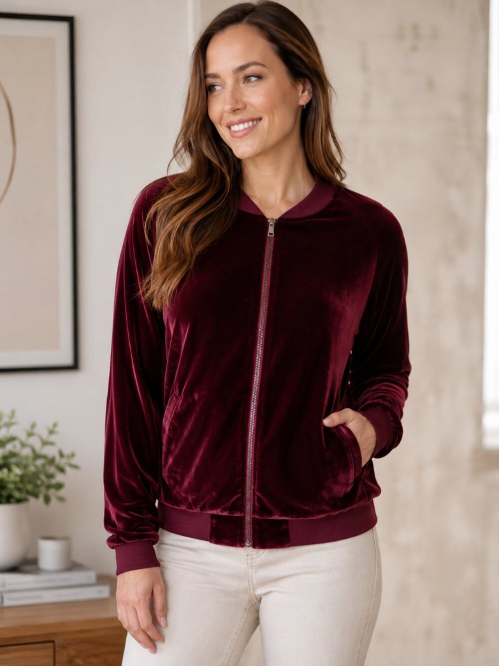 Aqua Burgundy Red Velvet Bomber Jacket Size Medium Full Zip Soft Retro Chic